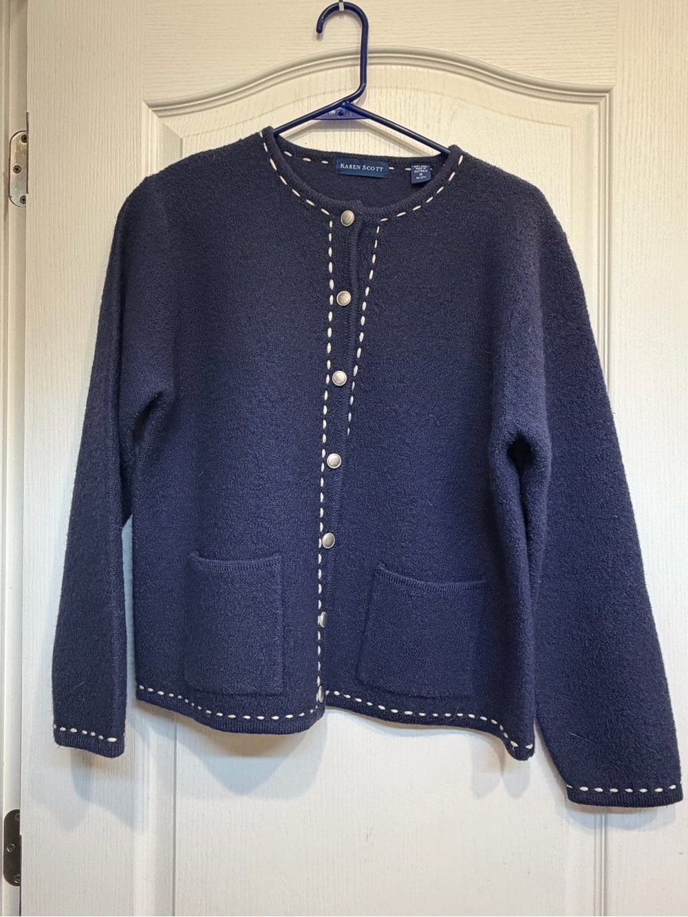 Karen Scott Navy Round-Neck Buttoned Knit Cardigan with Contrast Stitch